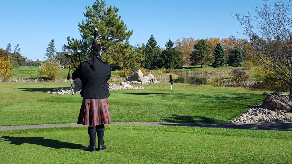 Bagpiper Plays at Pine Beach East Madden’s on Gull Lake